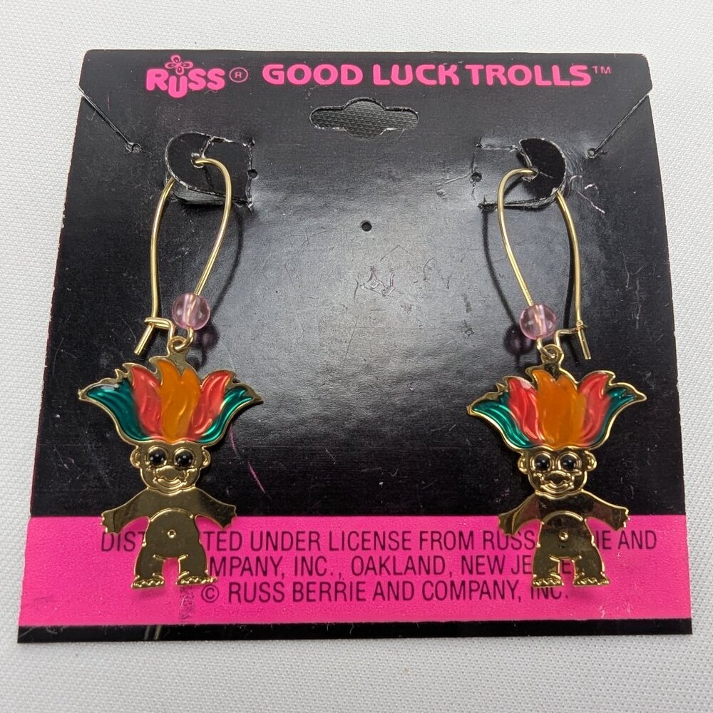 Vintage Russ Good Luck Trolls Dangle Earrings Goblin Core Rainbow Hair Pierced